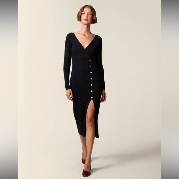 Rouje Paris Mila Midi Dress Black Eyelet Ribbed sweater faux wrap v neck button - Picture 4 of 15